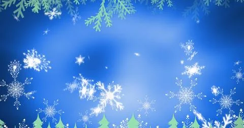 Digital image of multiple snowflakes icons falling against blue background Illustrazione stock