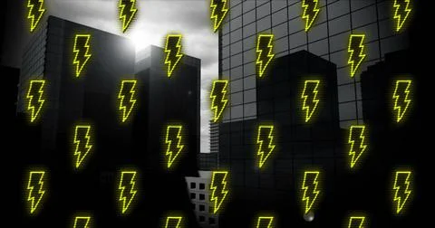 Digital image of multiple thunderbolt icons in seamless pattern against tall Stock Illustration