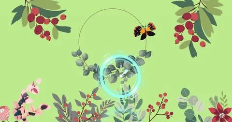 Digital image of neon digital clock ticking against floral designs on green Stock Illustration