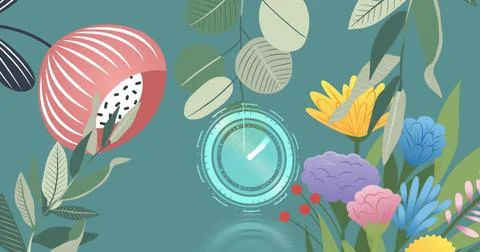 Digital image of neon digital clock ticking against floral designs on green Stock Illustration