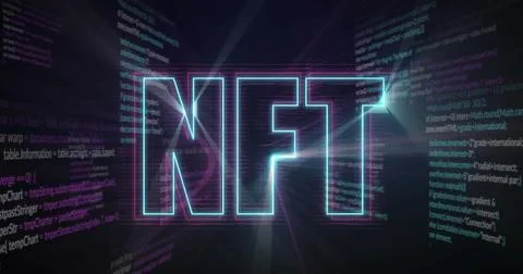 Digital image of neon nft text banner against data processing on black Stock Illustration
