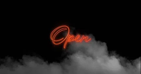 Digital image of neon orange open text sign over smoke effect against black Stock Illustration