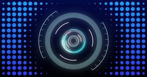 Digital image of neon round scanner spinning against mosaic squares on blue Foto stock