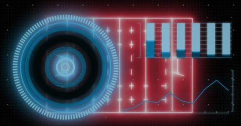 Digital image of neon round scanner against data processing on blue background Stock Photos