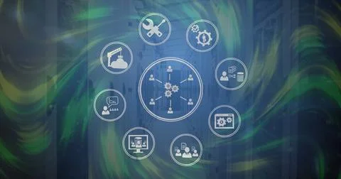 Digital image of network of digital icons over digital waves against empty 스톡 사진