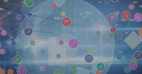 Digital image of network of digital icons floating against blue background Stock Photos