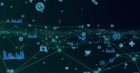 Digital image of network of green glowing digital icons moving against blue 스톡 사진