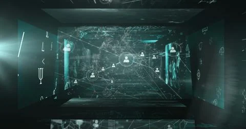 Digital image of network interface with interconnected icons and data points Illustrazione stock