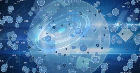 Digital image of network of multiple digital icons against round scanner on blue Stockillustratie