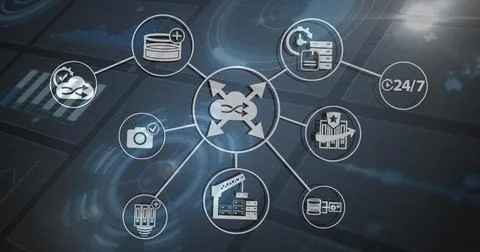Digital image of network of multiple digital icons against multiple screens with Stock Illustration