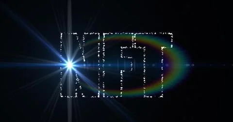 Digital image of nft text banner against spot of light and rainbow flare on Stock Illustration