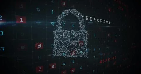 Digital image of a padlock made of light and a grid filled with codes Foto stock