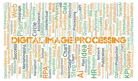 Digital Image Processing typography word cloud create with the text only. Illustrazione stock