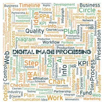 Digital Image Processing typography word cloud create with the text only. Illustrazione stock
