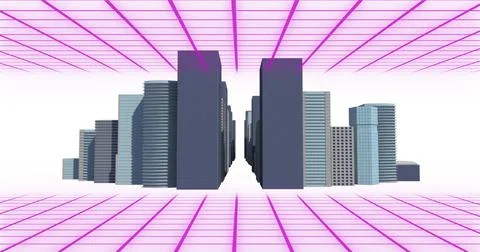 Digital image of purple grid network over 3d city model against white background Stock Illustration