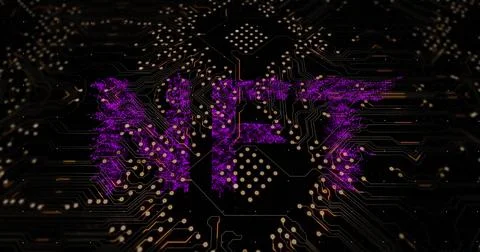 Digital image of purple nft text banner over microprocessor connections on black 写真素材