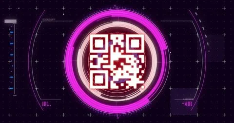 Digital image of qr code scanner over neon round scanner on blue background Stock Illustration