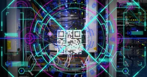 Digital image of qr code scanner over round neon scanner against closeup of Stock-Illustration