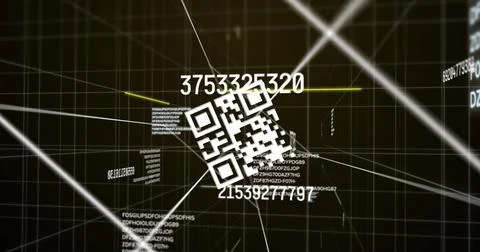 Digital image of qr code scanner and changing numbers over grid network against Illustrazione stock