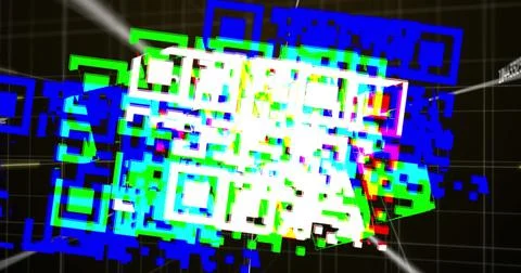 Digital image of qr code scanner and changing numbers over grid network against Stock Illustration