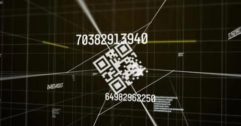 Digital image of qr code scanner and changing numbers over grid network against 스톡 사진