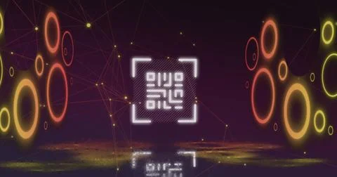 Digital image of qr code scanner against network of connections on purple Stock Photos