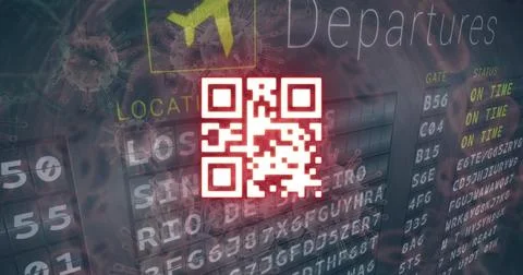 Digital image of qr code with virus biological cells against arrival departure Foto stock