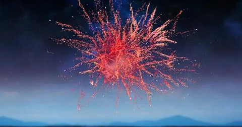 Digital image of red fireworks exploding in the dark sky with clouds Stockfoto's