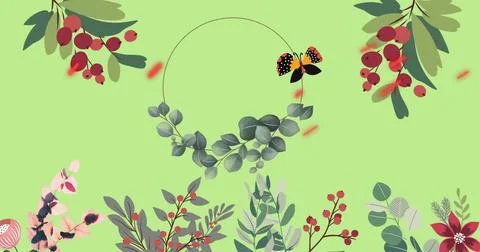 Digital image of red particles floating against floral designs on green bac.. Stock Photos