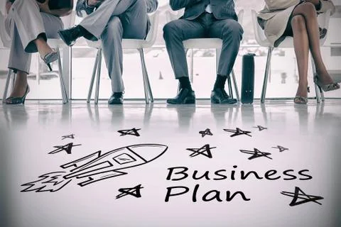 Digital image of rocket and star shapes with business plan text against waiti Foto stock