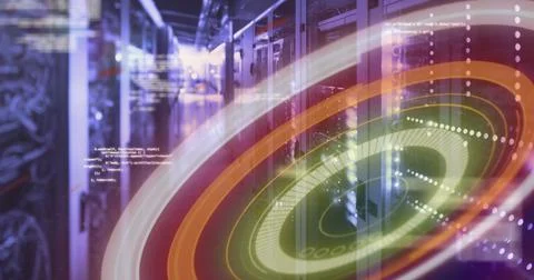 Digital image of round neon scanner and data processing against empty server 스톡 일러스트