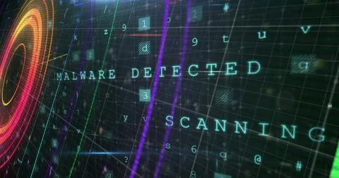 Digital image of round scanner against cyber security data processing on black イラスト素材