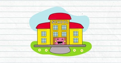Digital image of school building icon against white lined paper Ilustración de archivo