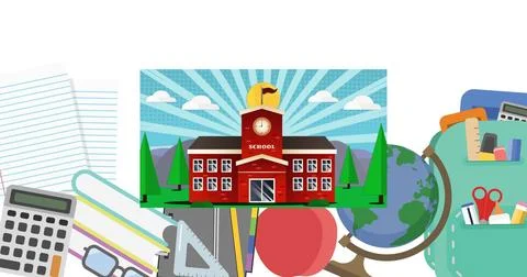 Digital image of school building icon against multiple school concept icons on Ilustración de archivo