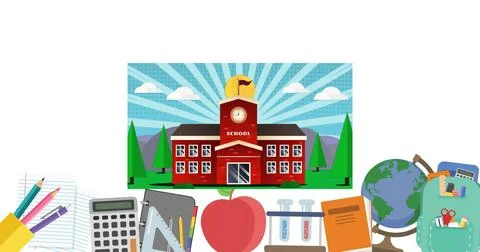 Digital image of school building icon against multiple school concept icons on Ilustración de archivo