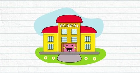 Digital image of school building icon moving against white line paper in Ilustración de archivo