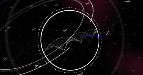 Digital image of scope scanning over dna structure spinning on purple background Stock Illustration