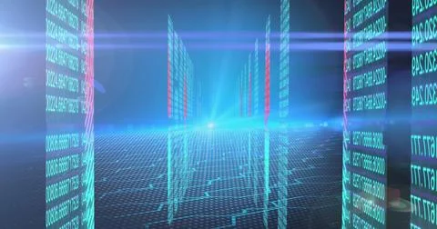 Digital image of screens with binary coding and blue light trails against blue Stock Photos