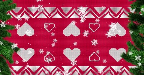 Digital image of snow flakes falling over red christmas traditional pattern Stock Illustration