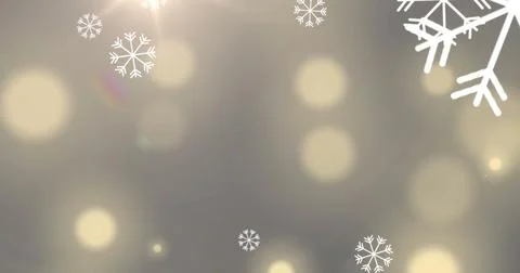 Digital image of snowflakes falling against spots of light on yellow background Stock Illustration