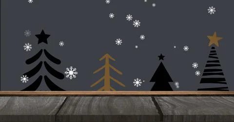Digital image of snowflakes falling over wooden surface against multiple Ilustração Stock