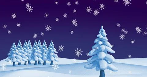 Digital image of snowflakes falling over trees on winter landscape against Illustrazione stock