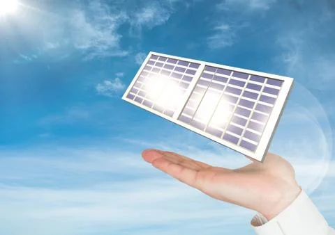 Digital image of solar panel on hand against sky Stock Photos
