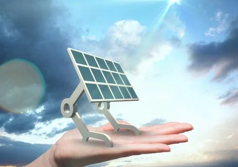 Digital image of solar panel on hand against sky Stock Photos