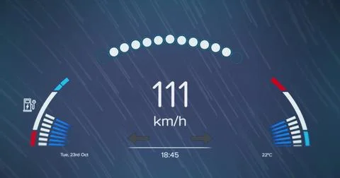 Digital image of speedometer over light trails falling against blue background Stock Illustration