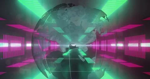 Digital image of spinning globe against neon tunnel in seamless pattern Stock Photos