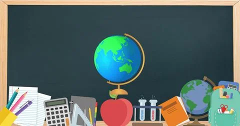 Digital image of spinning globe icon over multiple school concept icons on black 스톡 일러스트