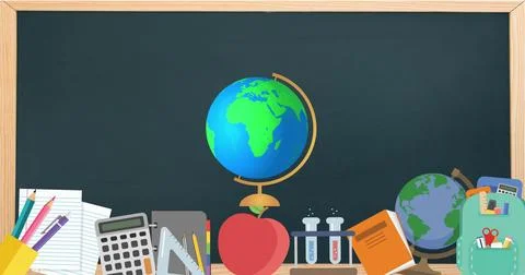 Digital image of spinning globe icon over multiple school concept icons on black Illustrazione stock