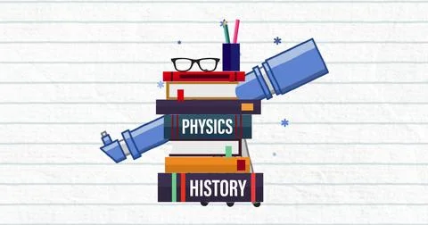Digital image of stack of books against telescope icon against white line paper Illustrazione stock