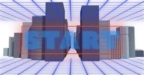 Digital image of start text over grid network against 3d city model on white Stock Illustration